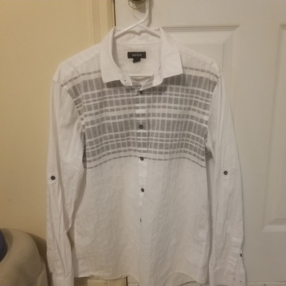 Alfani Casual Button Down Shirt White with Geometric Grey Stripes size Large